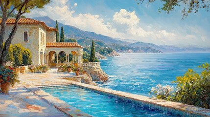 A Mediterranean villa with a sparkling pool offers panoramic views of the azure sea, lush greenery, and the warm glow of summer sunlight. 