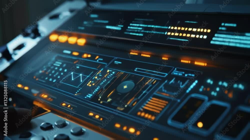 Poster futuristic control panel displaying complex data and information with charts and graphs, illuminated
