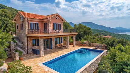 Fototapeta premium A Mediterranean villa with a sparkling pool offers panoramic views of the azure sea, lush greenery, and the warm glow of summer sunlight