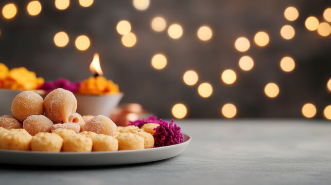 Diwali celebration table decorated with traditional sweets and festive lights