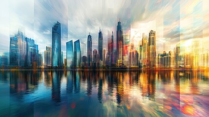 Obraz premium Abstract cityscape with skyscrapers reflected on calm water surface