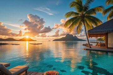 Naklejka premium Serene Paradise Getaway Morning Glow Over Tranquil Lagoon Sunrise