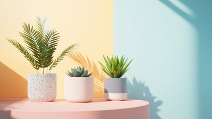 Minimalist potted plants against pastel background