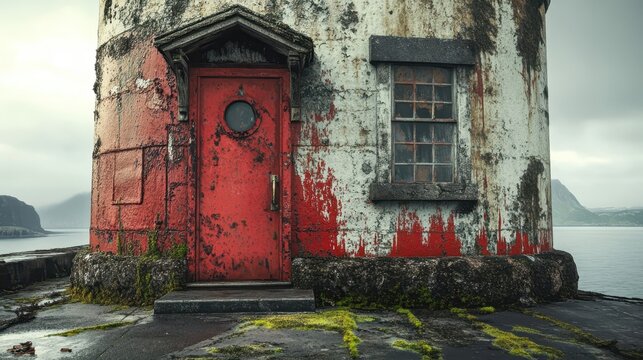 A weatherworn lighthouse building with a red door and window - Powered by Adobe