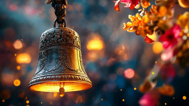 A sacred temple bell glowing with warm light, surrounded by festive floral decorations, symbolizing devotion and spirituality in Hindu traditions.  
