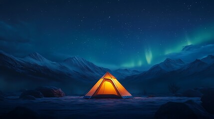 Glowing Tent Under Northern Lights in Mountain Forest, A glowing tent under the Northern Lights in a forested mountain landscape at night