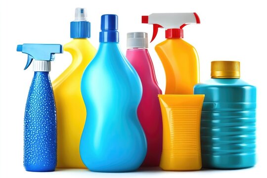 Assorted cleaning supplies in various colors and shapes.  Different bottles and spray bottles for household cleaning, potentially including detergents, disinfectants, and other solutions