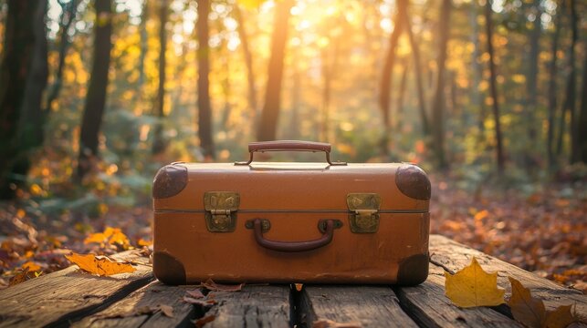 Vintage suitcase in autumn forest with warm sunlight