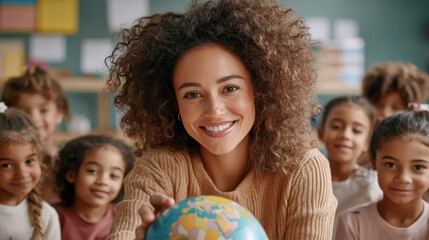 Celebrating world teachers day with enthusiastic educator in classroom setting