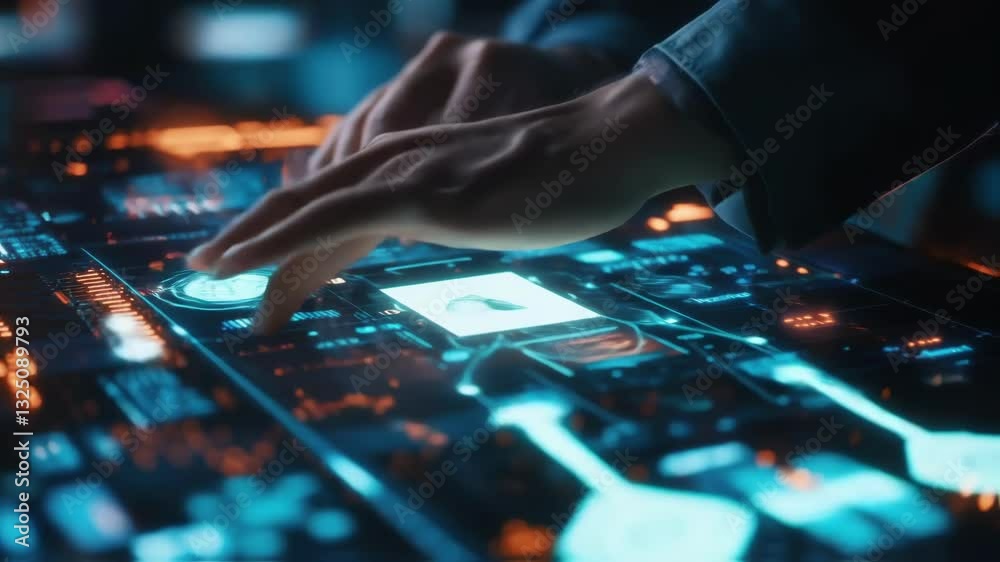 Poster close up of hands interacting with holographic augmented reality futuristic computer display screen 