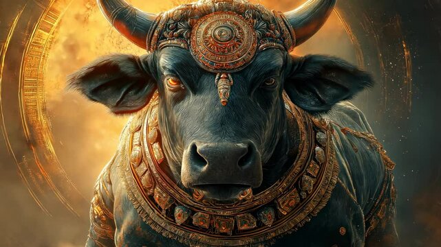 A sacred Nandi bull adorned with intricate golden ornaments, representing Hindu mythology, devotion, and divine strength.  
