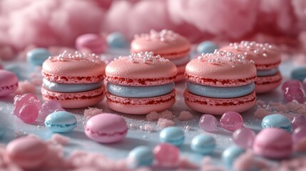 Fototapeta premium Pink macarons with blue filling on blue surface with cotton candy clouds