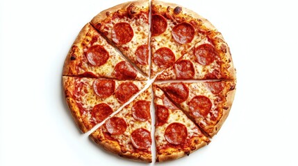 A round pizza topped with pepperoni slices, cut into equal triangular pieces. Delicious Pizza Margherita Isolated on White Background for Culinary Art and Food Promotion.