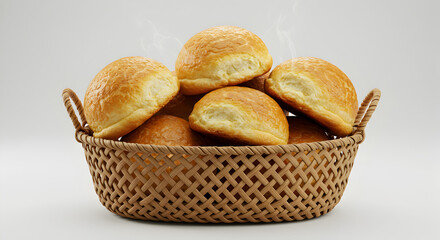 Brazilian French Bread Basket Fresh Artisan Rolls on White Background
