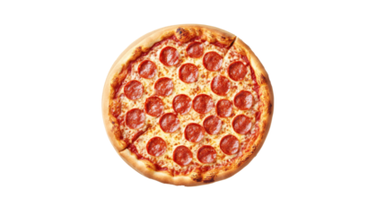 A round pizza topped with pepperoni slices, cut into equal triangular pieces. Delicious Pizza Margherita Isolated on White Background for Culinary Art and Food Promotion.