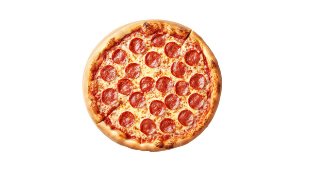 A round pizza topped with pepperoni slices, cut into equal triangular pieces. Delicious Pizza Margherita Isolated on White Background for Culinary Art and Food Promotion.