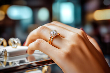 Close-up of a woman hand adorned with a diamond gold ring while browsing jewelry in a boutique. Concept of personal style, luxury accessories, and choosing fine jewelry for memorable moments