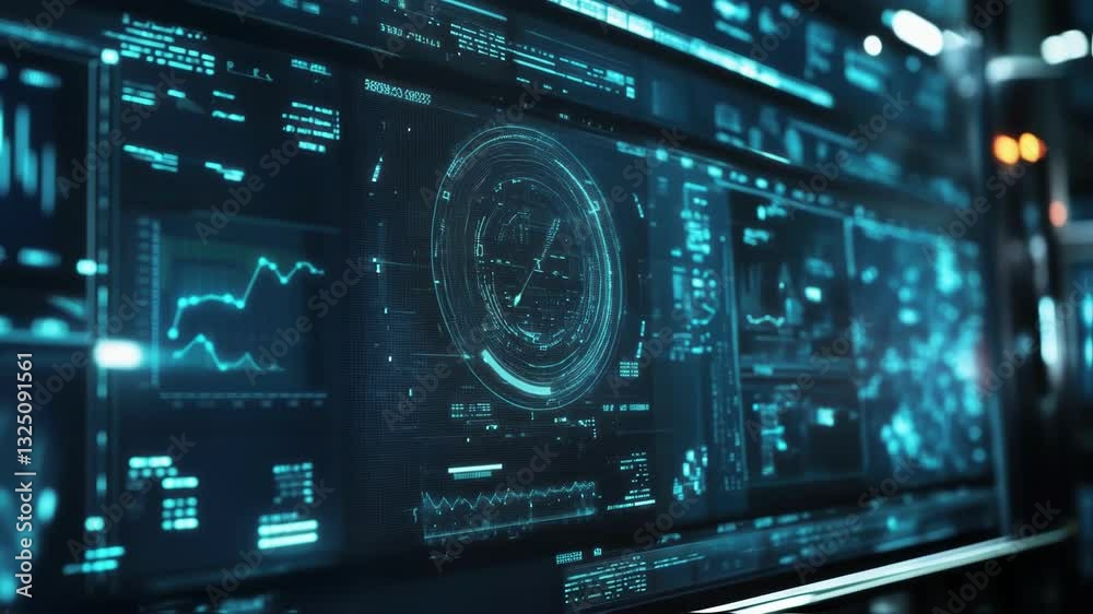 Poster futuristic control panel displaying complex data analysis, metrics, and visualizations on multiple s