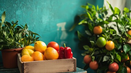 Fresh citrus fruits in a rustic wooden crate