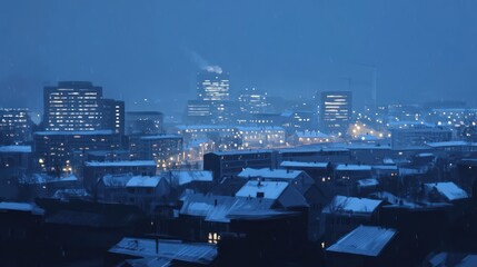 Naklejka premium A snowy city landscape captured at dusk with illuminated buildings