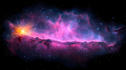 Fototapeta premium Cosmic Nebula Displaying Vibrant Pink And Blue Hues With Bright Starburst Lighting On Black Background