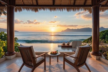 Obraz premium Stunning Beachfront Resort with Breathtaking Sunrise and Serene Ocean Vistas