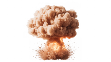 Dramatic explosion cloud rising above ground with flying debris captured in vivid detail on a transparent background