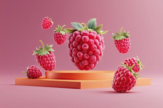 Creative 3D Graphic Experiment with Raspberry Background and Unique Design Elements