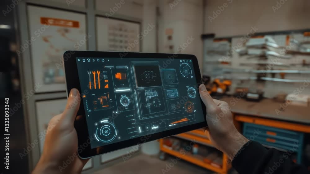 Poster engineer using a futuristic digital tablet with augmented reality software, displaying holographic e