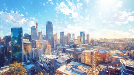 An elevated perspective of a bustling city center skyline scene