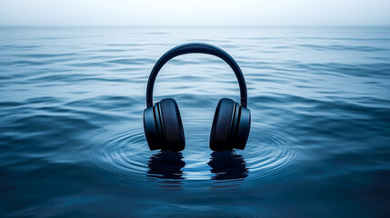 Black wireless headphones floating on calm, blue water surface, serene atmosphere in the background. Concept of calm music, tranquility and the immersive experience sound of music. Banner, copy space