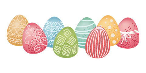 Easter eggs with decorative patterns. Horizontal row of Easter eggs. Easter celebration and springtime holidays.