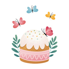 Easter Cake with icing and sprinkles, surrounded by colorful butterflies and leaves. Traditional Easter cake. Vector Illustration