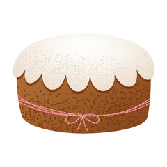 Traditional Easter cake with white icing and a pink ribbon on a white background. Festive holiday dessert. Easter celebration and springtime holidays.