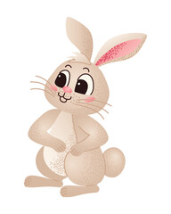 Beige happy rabbit sitting on a white background. Cartoon bunny illustration. Easter celebration and springtime holidays.