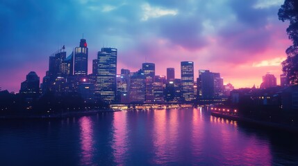 Naklejka premium The Metropolitan Skyline Illuminated by a Gorgeous Sunset Over Water