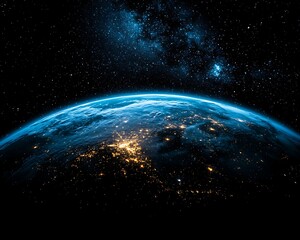 Earth view from space, galaxy, nighttime, city lights