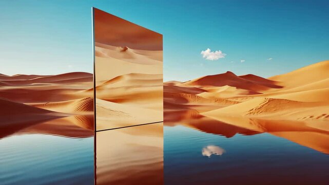Desert landscape with reflective panels creating surreal mirror effects