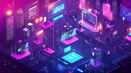 Isometric view of futuristic finance hub illustrating advanced technology systems