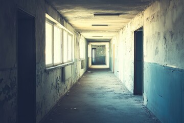 Abandoned corridor with faded walls, empty windows, and doors