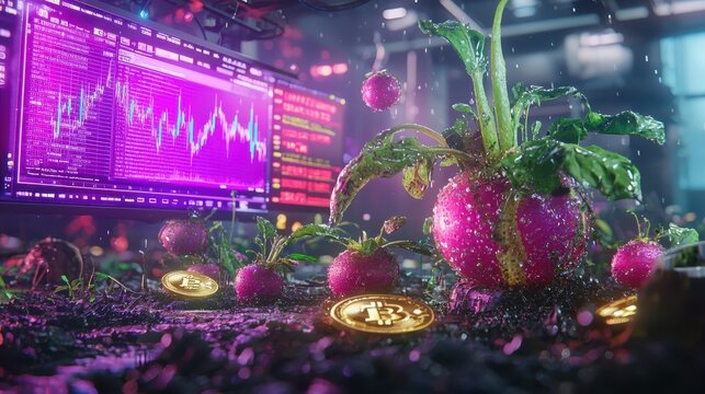 Futuristic Crypto Farm: Beetroot Crop with Bitcoin Coins Under Trading Monitor in Cyberpunk Garden Setting