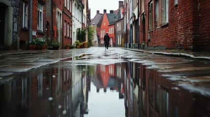 Fototapeta premium A person walks down a wet cobblestone street reflecting buildings