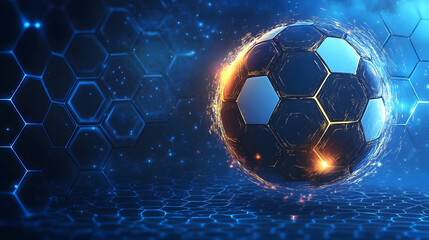 Naklejka premium An illustration featuring a glowing soccer ball against a blue background with a hexagonal grid pattern.