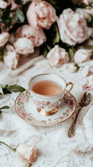 Elegant floral teacup with tea on lace tablecloth surrounded by pink roses