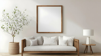 Bright Minimalist Interior Design of a Living Room with a Wooden Sofa White Cushions a Potted Tree and an Empty Picture Frame on the Wall