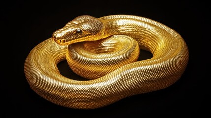 Obraz premium A Golden Snake Coiled Beautifully Against a Black Background