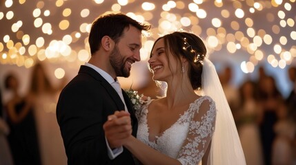 A newlywed couple dancing under twinkling string lights in an outdoor wedding