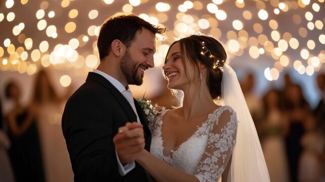 A newlywed couple dancing under twinkling string lights in an outdoor wedding - Powered by Adobe