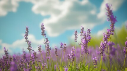 Naklejka premium Beautiful blooming purple lavender flowers growing towards a bright blue sky