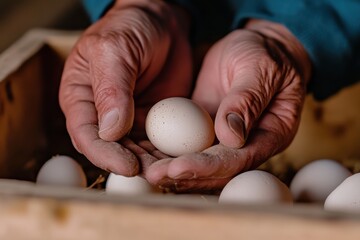 A close-up of an elderly person's hands carefully cradling a fresh egg, reflecting themes of nurture, farming traditions, and the beauty of simple, organic products.